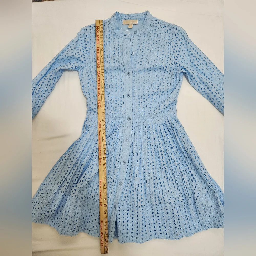 Michael Kors Light Blue Eyelet Long Sleeve Button Dress